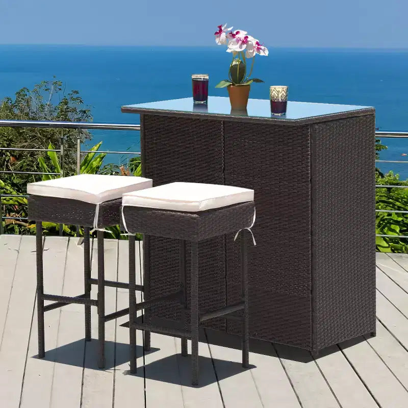 Costway Ensemble Table et 2 Tabourets de Bar en Rotin pour Patio, Chaises Rembourrées pour Jardin