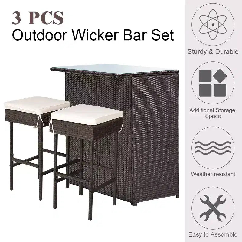 Costway Ensemble Table et 2 Tabourets de Bar en Rotin pour Patio, Chaises Rembourrées pour Jardin