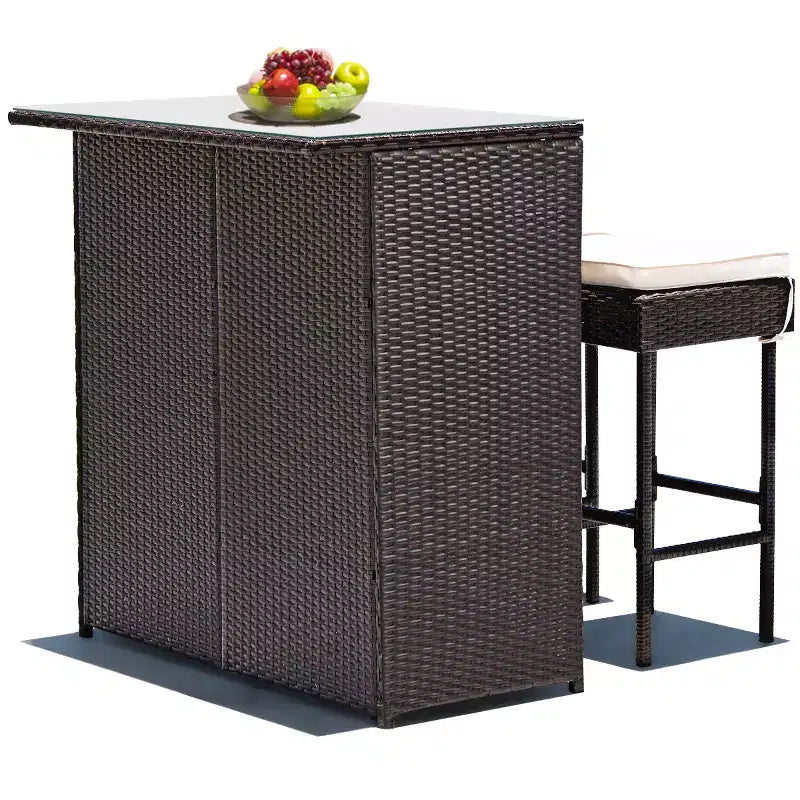 Costway Ensemble Table et 2 Tabourets de Bar en Rotin pour Patio, Chaises Rembourrées pour Jardin
