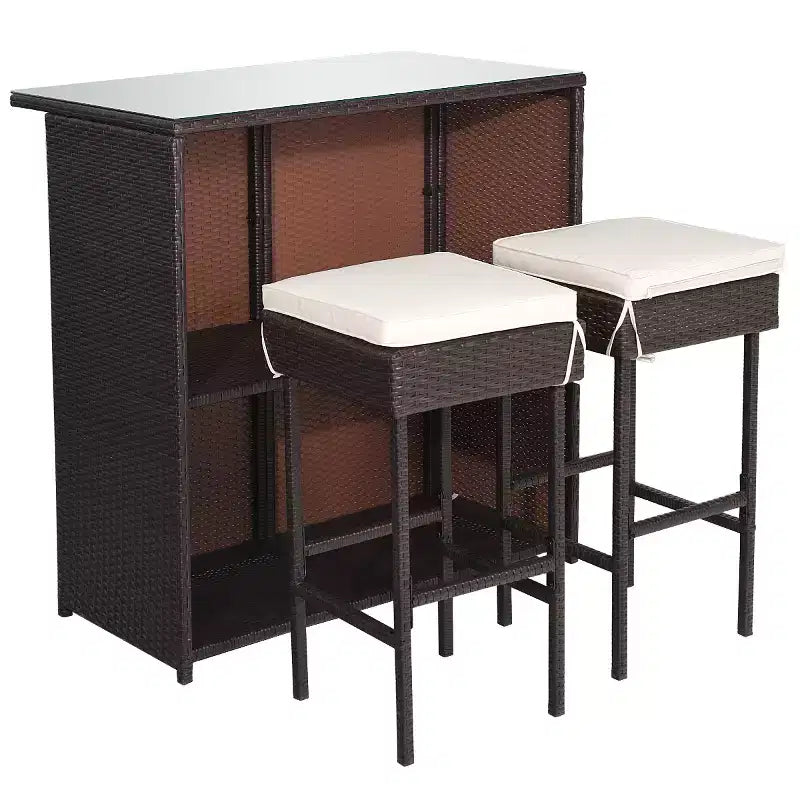 Costway Ensemble Table et 2 Tabourets de Bar en Rotin pour Patio, Chaises Rembourrées pour Jardin