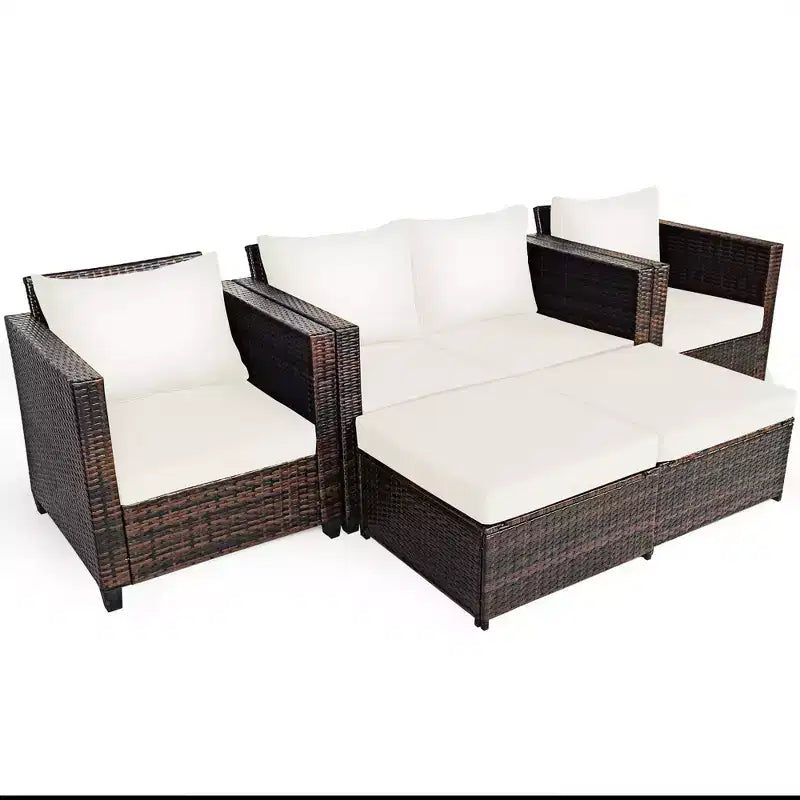 Costway Ensemble de Mobilier de Jardin 5 Pièces en Rotin Canapé Causeuse Pouf Coussins Rouge/Blanc