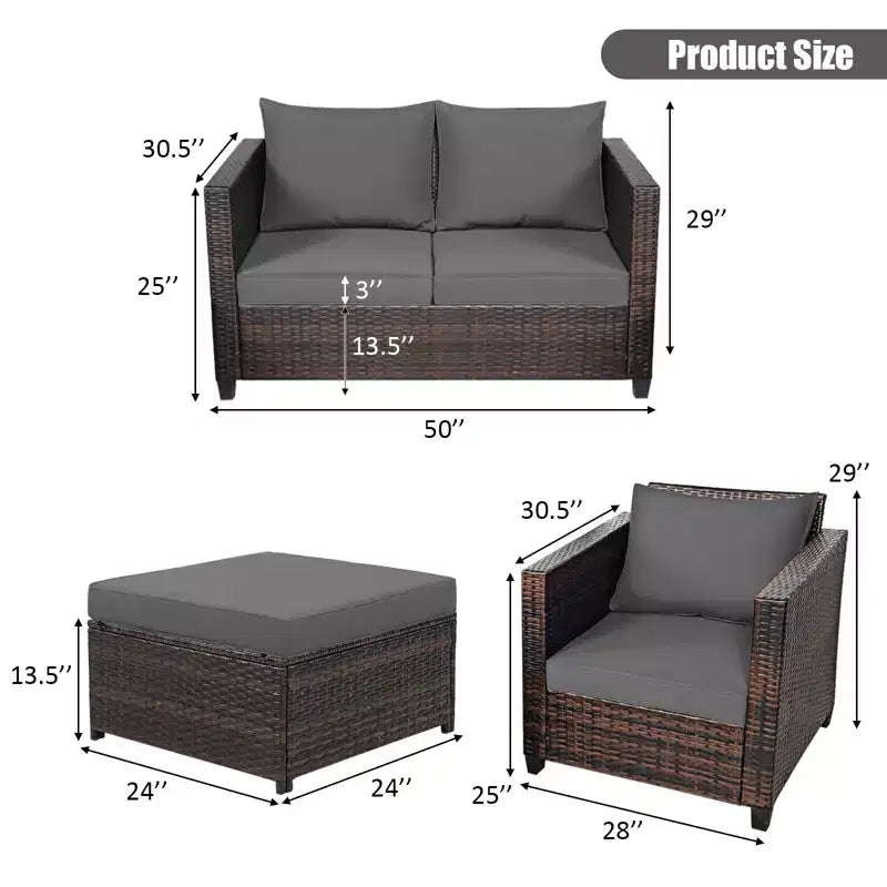 Costway Ensemble de Mobilier de Jardin 5 Pièces en Rotin Canapé Causeuse Pouf Coussins Rouge/Blanc