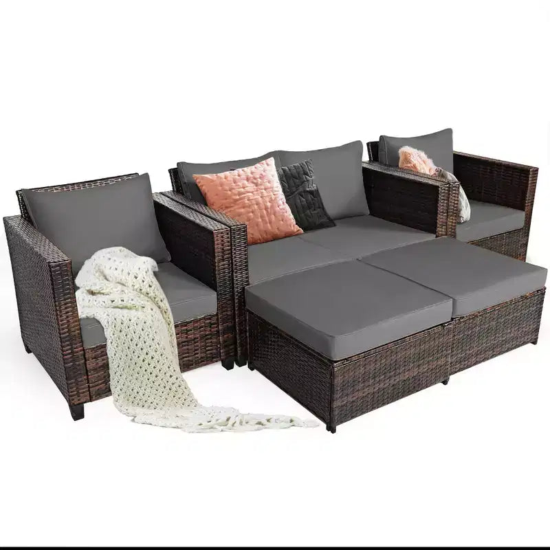Costway Ensemble de Mobilier de Jardin 5 Pièces en Rotin Canapé Causeuse Pouf Coussins Rouge/Blanc