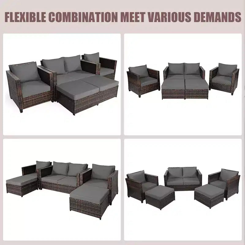 Costway Ensemble de Mobilier de Jardin 5 Pièces en Rotin Canapé Causeuse Pouf Coussins Rouge/Blanc
