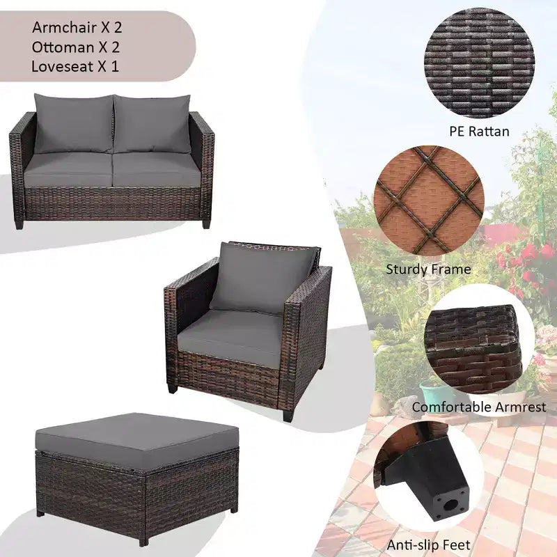 Costway Ensemble de Mobilier de Jardin 5 Pièces en Rotin Canapé Causeuse Pouf Coussins Rouge/Blanc