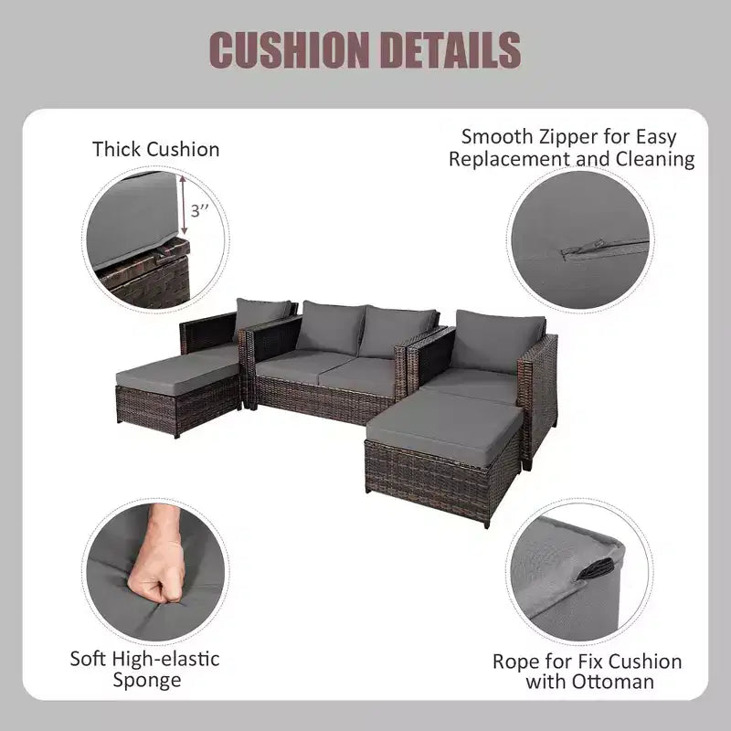 Costway Ensemble de Mobilier de Jardin 5 Pièces en Rotin Canapé Causeuse Pouf Coussins Rouge/Blanc