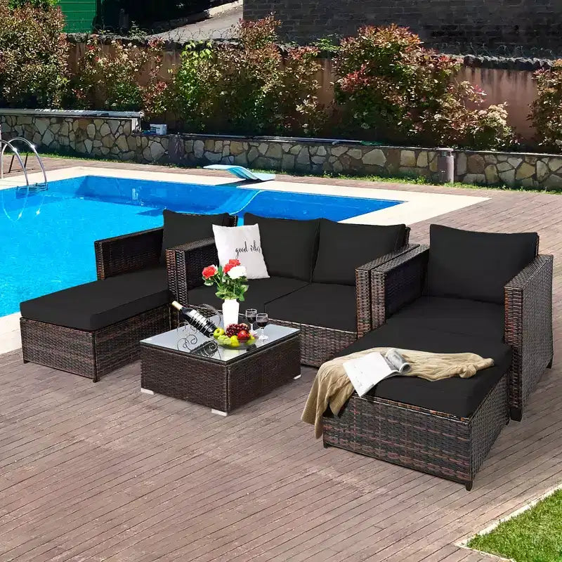 Costway Ensemble de Mobilier de Jardin 5 Pièces en Rotin Canapé Causeuse Pouf Coussins Rouge/Blanc