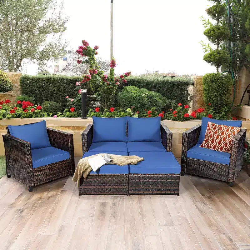 Costway Ensemble de Mobilier de Jardin 5 Pièces en Rotin Canapé Causeuse Pouf Coussins Rouge/Blanc