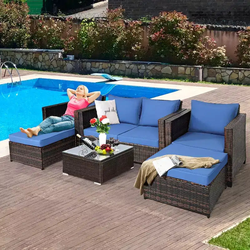 Costway Ensemble de Mobilier de Jardin 5 Pièces en Rotin Canapé Causeuse Pouf Coussins Rouge/Blanc