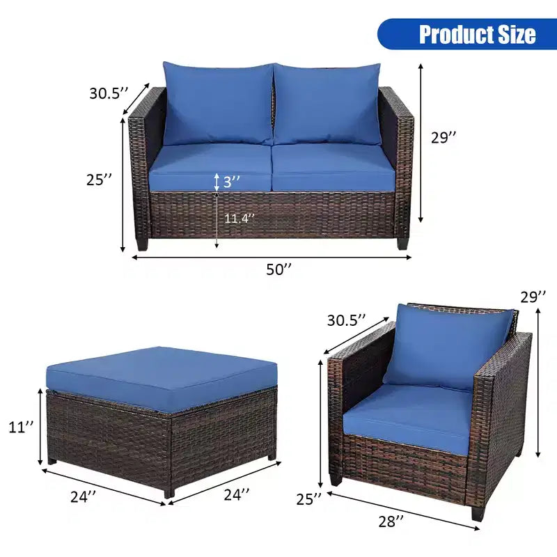 Costway Ensemble de Mobilier de Jardin 5 Pièces en Rotin Canapé Causeuse Pouf Coussins Rouge/Blanc