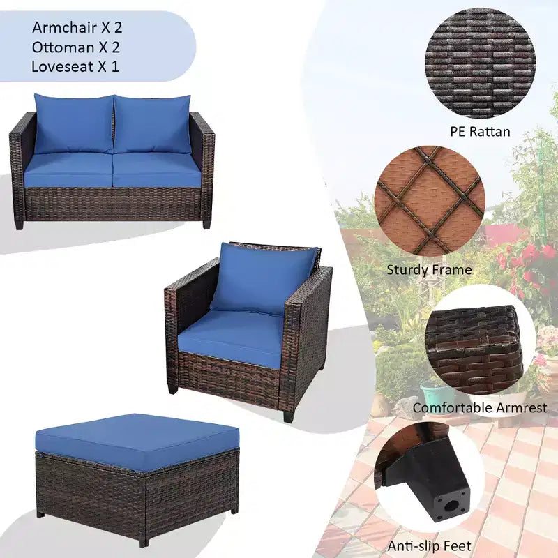 Costway Ensemble de Mobilier de Jardin 5 Pièces en Rotin Canapé Causeuse Pouf Coussins Rouge/Blanc
