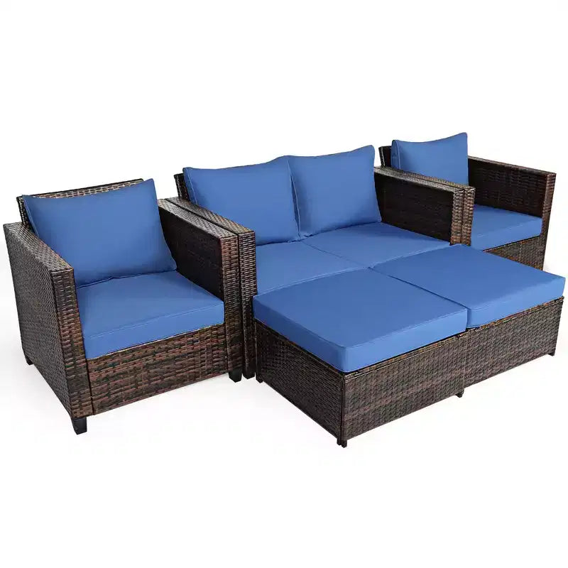 Costway Ensemble de Mobilier de Jardin 5 Pièces en Rotin Canapé Causeuse Pouf Coussins Rouge/Blanc