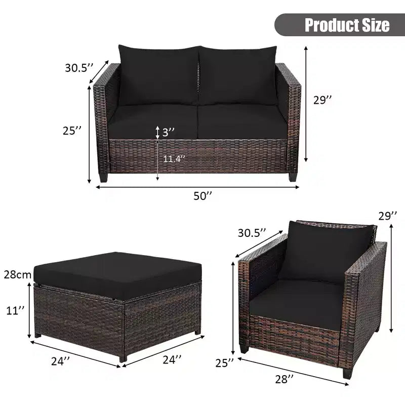 Costway Ensemble de Mobilier de Jardin 5 Pièces en Rotin Canapé Causeuse Pouf Coussins Rouge/Blanc
