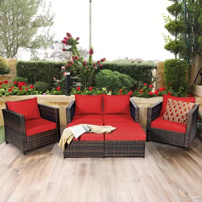 Costway Ensemble de Mobilier de Jardin 5 Pièces en Rotin Canapé Causeuse Pouf Coussins Rouge/Blanc