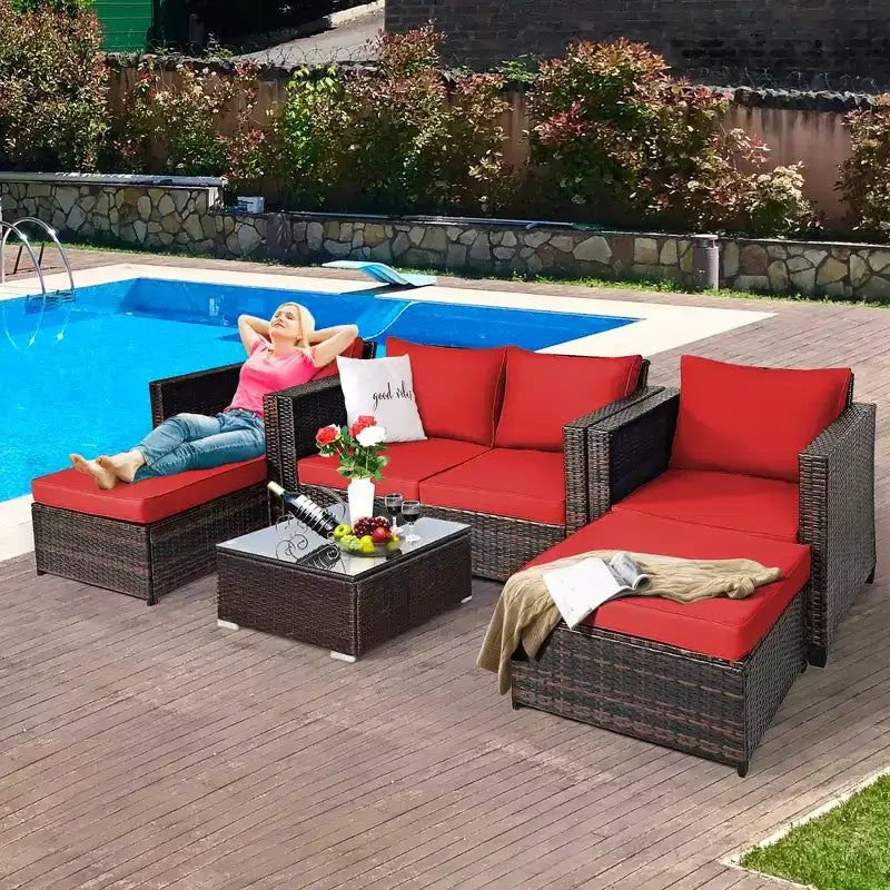 Costway Ensemble de Mobilier de Jardin 5 Pièces en Rotin Canapé Causeuse Pouf Coussins Rouge/Blanc