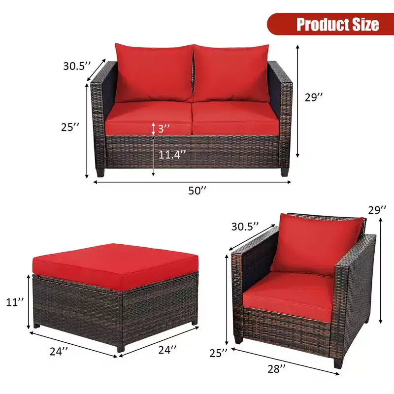 Costway Ensemble de Mobilier de Jardin 5 Pièces en Rotin Canapé Causeuse Pouf Coussins Rouge/Blanc