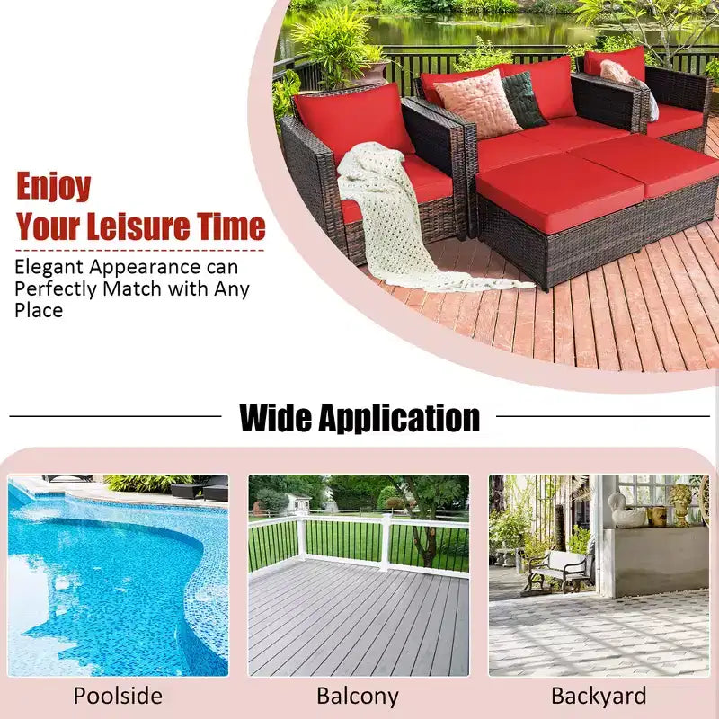 Costway Ensemble de Mobilier de Jardin 5 Pièces en Rotin Canapé Causeuse Pouf Coussins Rouge/Blanc