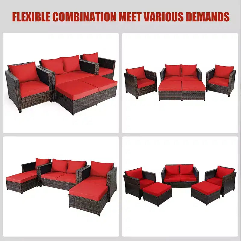 Costway Ensemble de Mobilier de Jardin 5 Pièces en Rotin Canapé Causeuse Pouf Coussins Rouge/Blanc