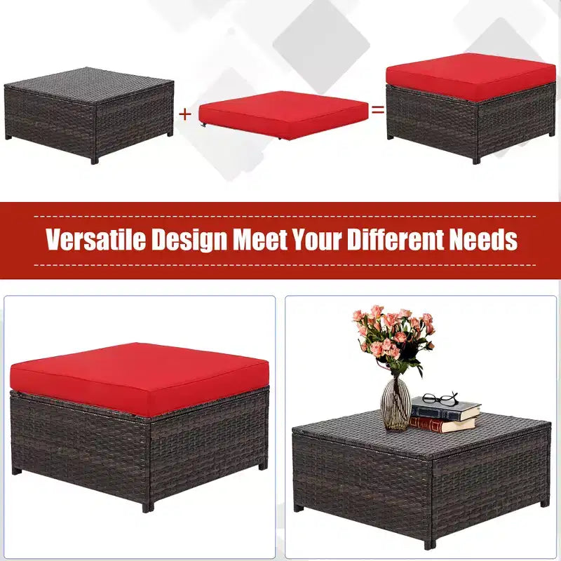 Costway Ensemble de Mobilier de Jardin 5 Pièces en Rotin Canapé Causeuse Pouf Coussins Rouge/Blanc