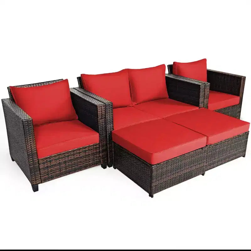 Costway Ensemble de Mobilier de Jardin 5 Pièces en Rotin Canapé Causeuse Pouf Coussins Rouge/Blanc