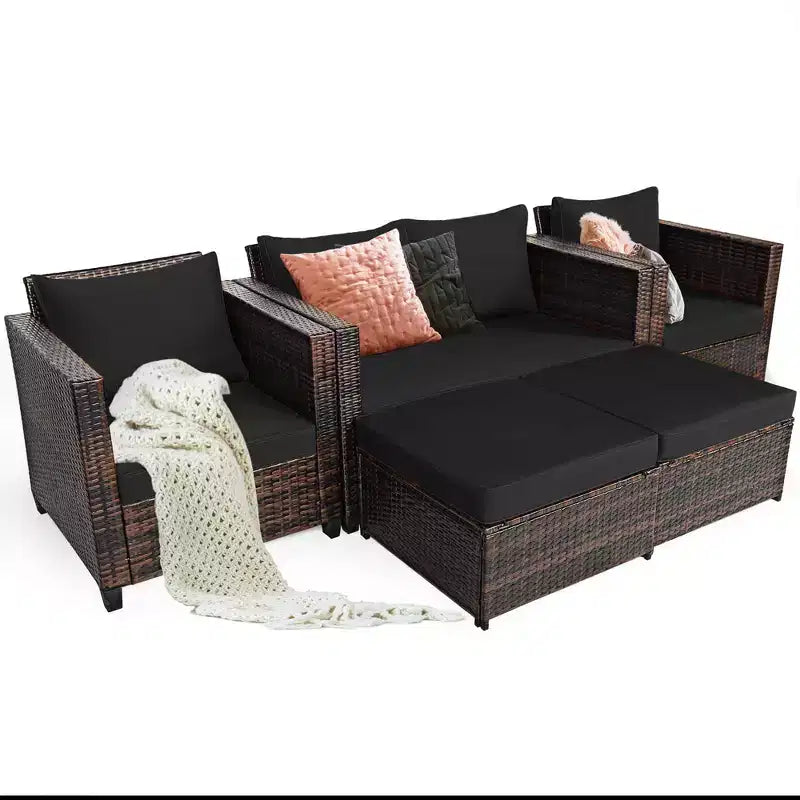 Costway Ensemble de Mobilier de Jardin 5 Pièces en Rotin Canapé Causeuse Pouf Coussins Rouge/Blanc