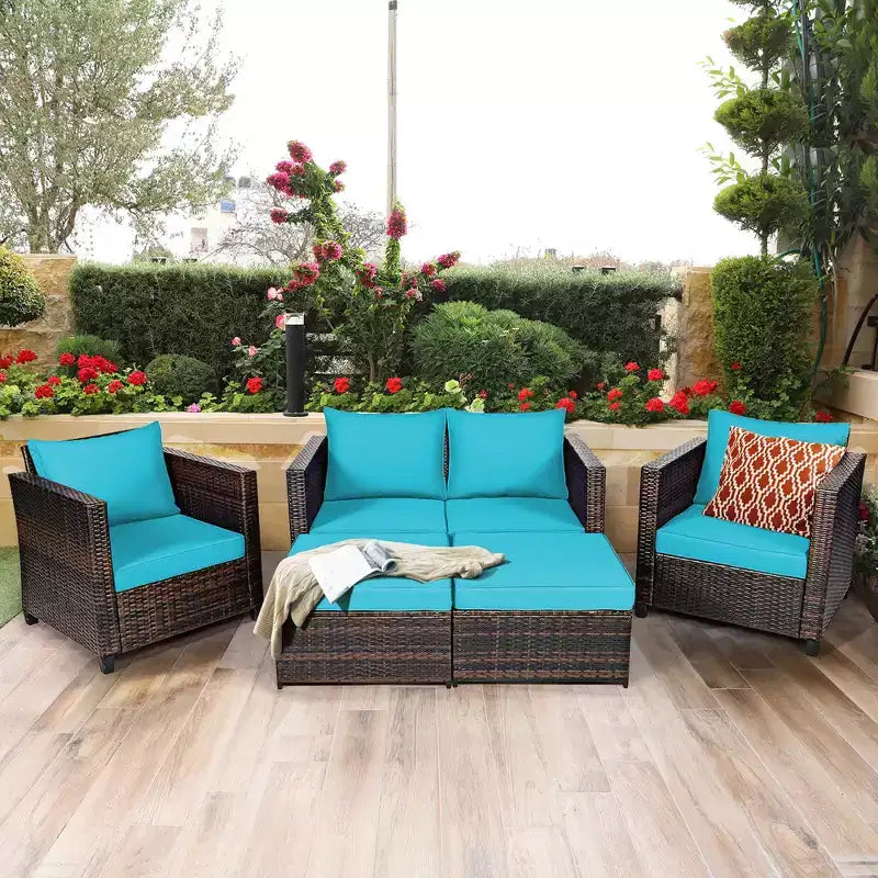 Costway Ensemble de Mobilier de Jardin 5 Pièces en Rotin Canapé Causeuse Pouf Coussins Rouge/Blanc