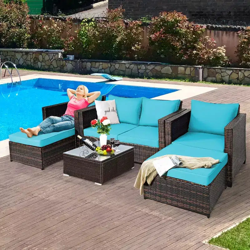 Costway Ensemble de Mobilier de Jardin 5 Pièces en Rotin Canapé Causeuse Pouf Coussins Rouge/Blanc