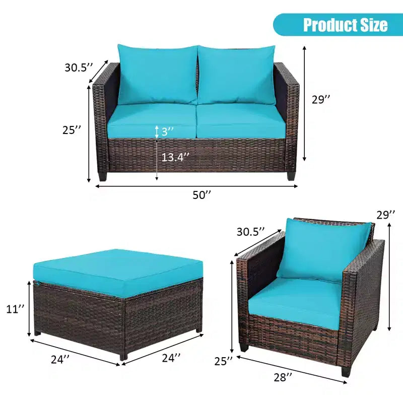 Costway Ensemble de Mobilier de Jardin 5 Pièces en Rotin Canapé Causeuse Pouf Coussins Rouge/Blanc