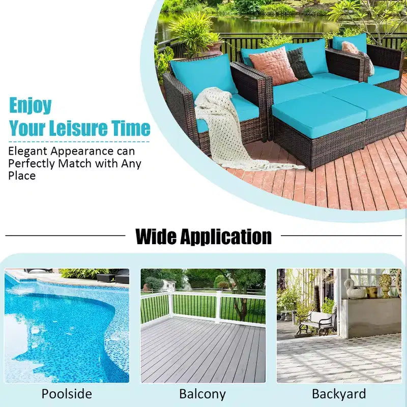 Costway Ensemble de Mobilier de Jardin 5 Pièces en Rotin Canapé Causeuse Pouf Coussins Rouge/Blanc