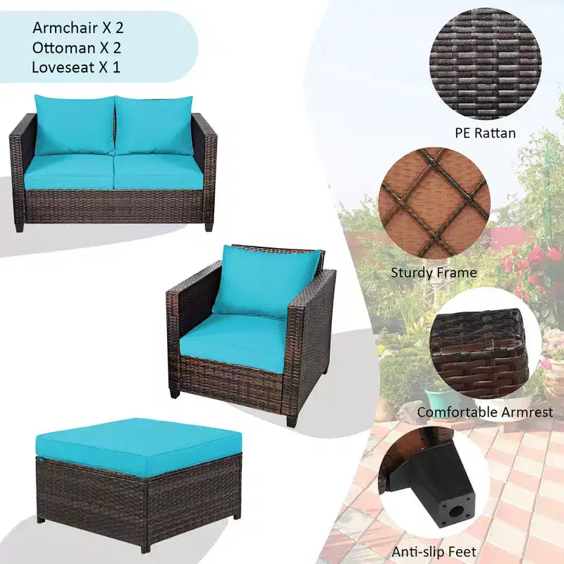 Costway Ensemble de Mobilier de Jardin 5 Pièces en Rotin Canapé Causeuse Pouf Coussins Rouge/Blanc