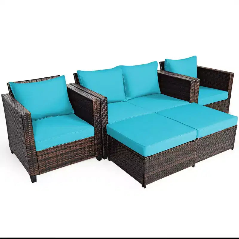 Costway Ensemble de Mobilier de Jardin 5 Pièces en Rotin Canapé Causeuse Pouf Coussins Rouge/Blanc