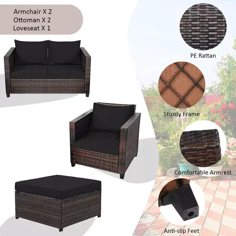 Costway Ensemble de Mobilier de Jardin 5 Pièces en Rotin Canapé Causeuse Pouf Coussins Rouge/Blanc