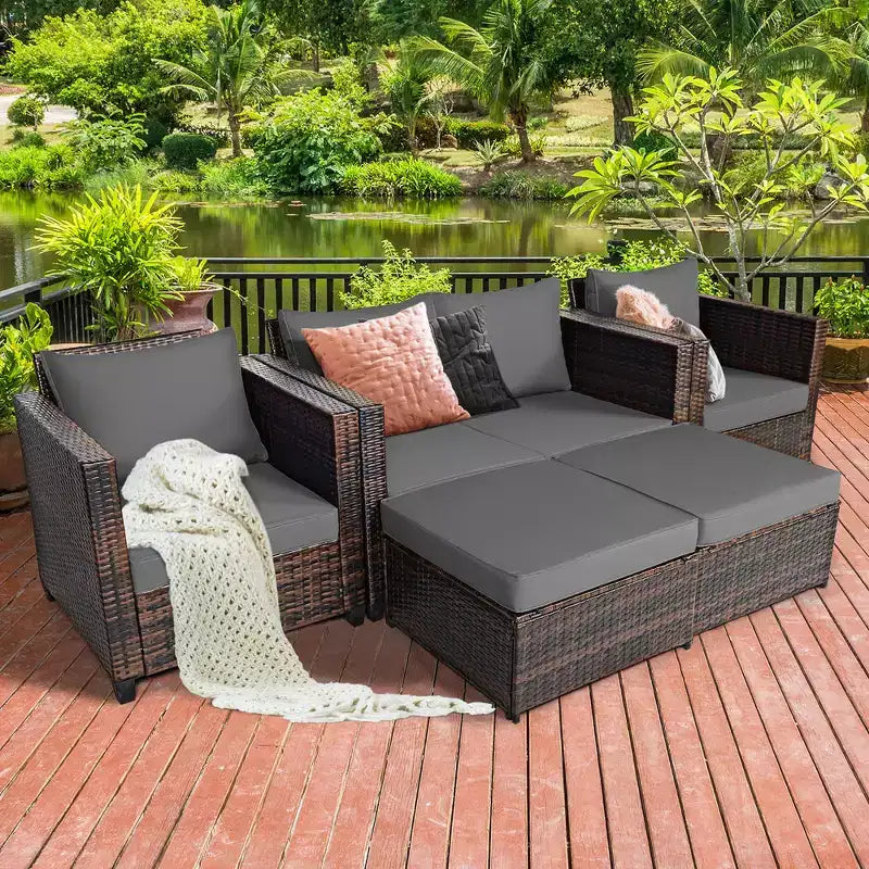 Costway Ensemble de Mobilier de Jardin 5 Pièces en Rotin Canapé Causeuse Pouf Coussins Rouge/Blanc
