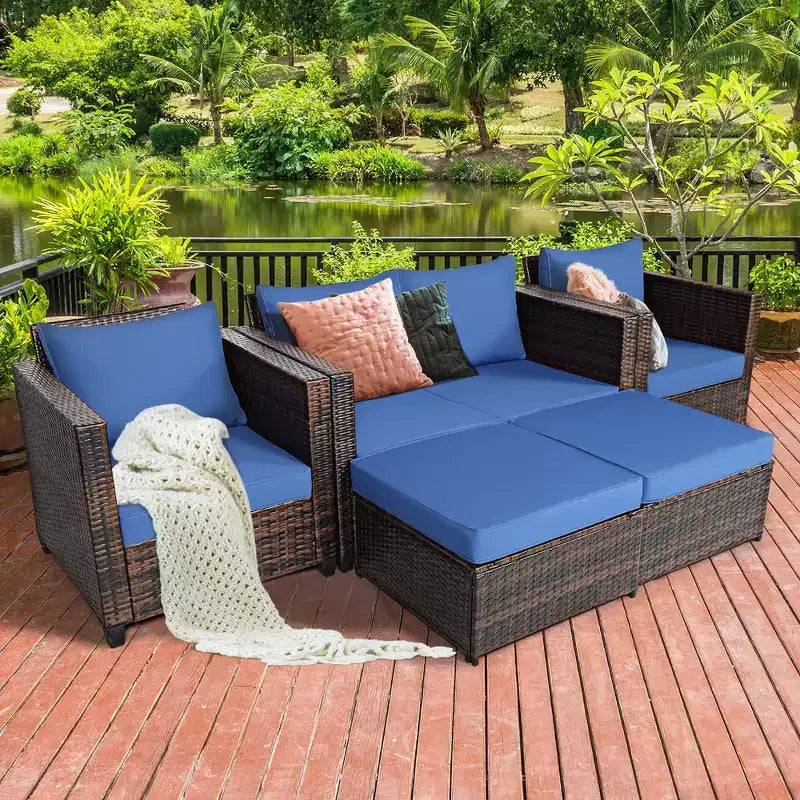 Costway Ensemble de Mobilier de Jardin 5 Pièces en Rotin Canapé Causeuse Pouf Coussins Rouge/Blanc