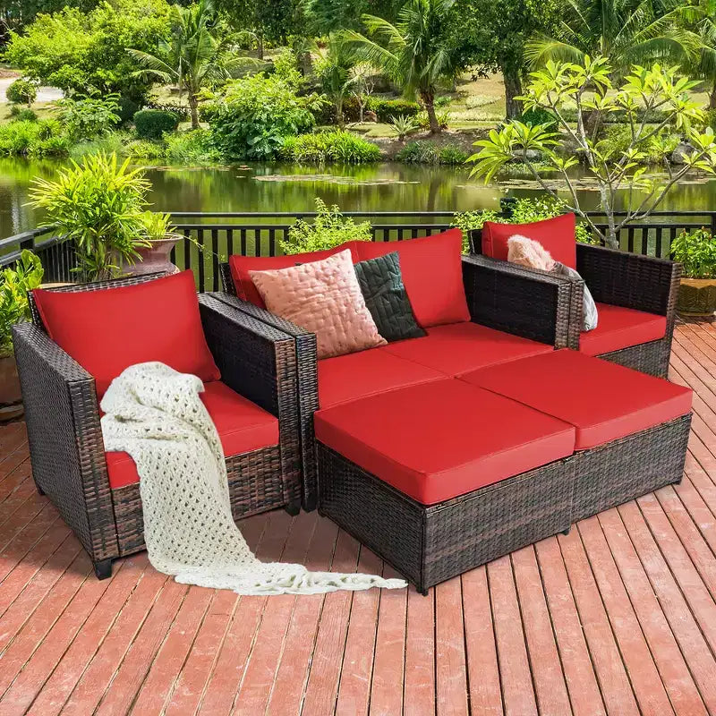Costway Ensemble de Mobilier de Jardin 5 Pièces en Rotin Canapé Causeuse Pouf Coussins Rouge/Blanc