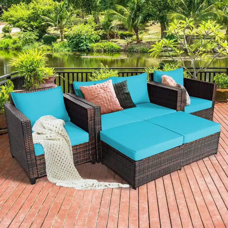 Costway Ensemble de Mobilier de Jardin 5 Pièces en Rotin Canapé Causeuse Pouf Coussins Rouge/Blanc