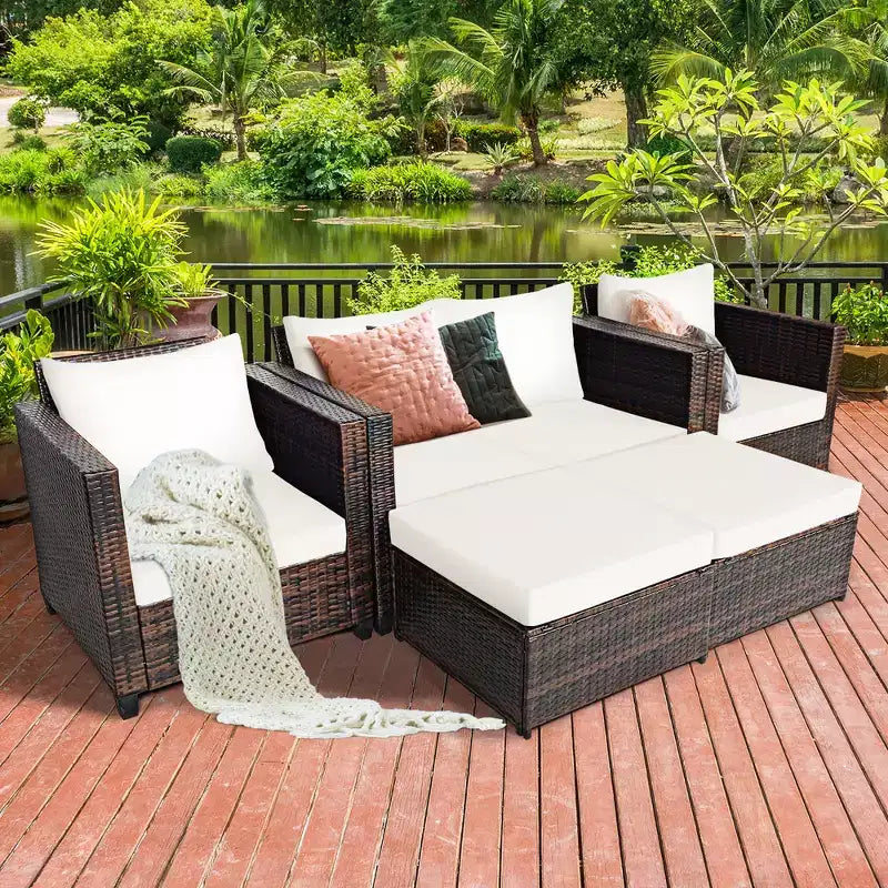 Costway Ensemble de Mobilier de Jardin 5 Pièces en Rotin Canapé Causeuse Pouf Coussins Rouge/Blanc