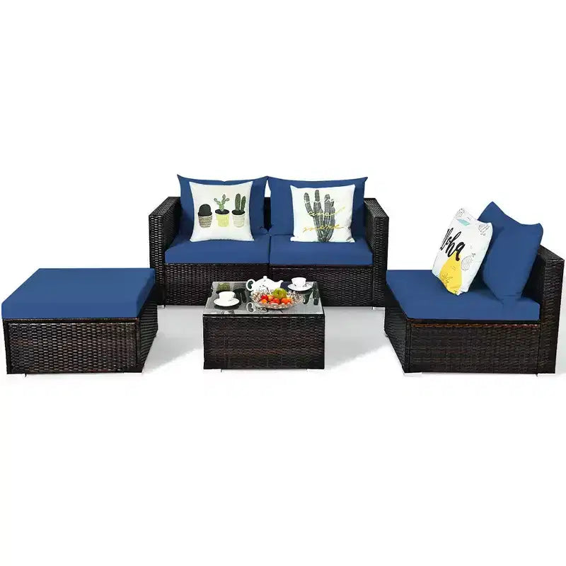 Ensemble de 5 meubles de patio en rotin, canapé sectionnel de conversation avec table basse rouge/bleu marine