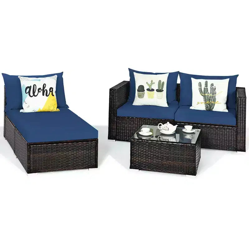Ensemble de 5 meubles de patio en rotin, canapé sectionnel de conversation avec table basse rouge/bleu marine