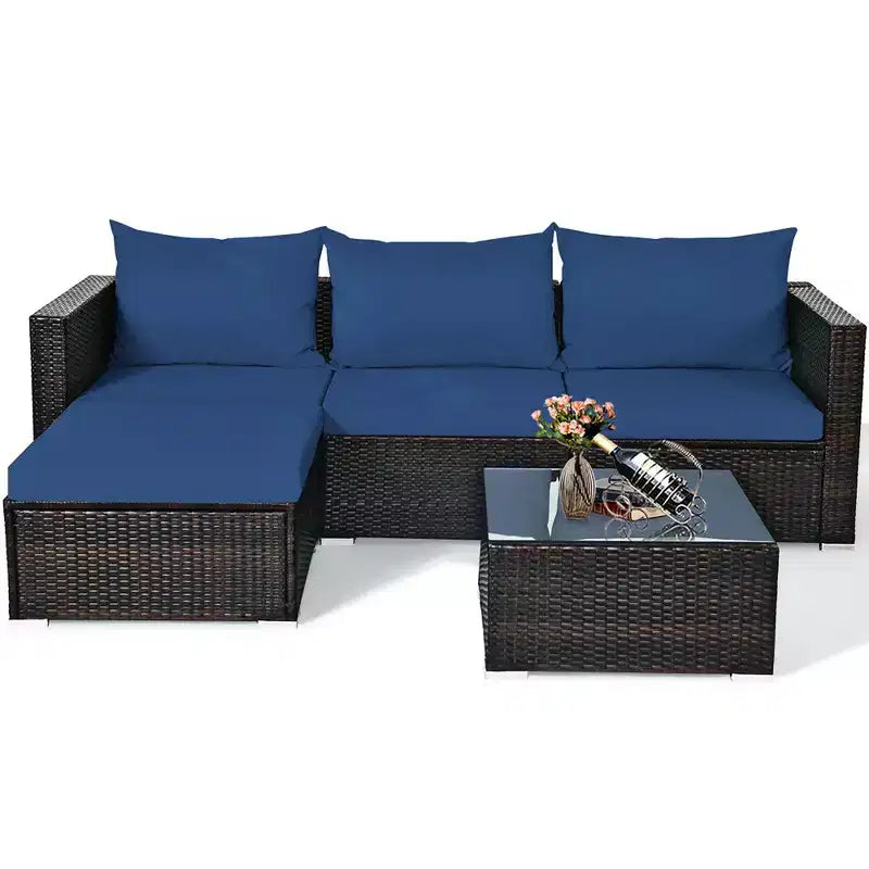Ensemble de 5 meubles de patio en rotin, canapé sectionnel de conversation avec table basse rouge/bleu marine