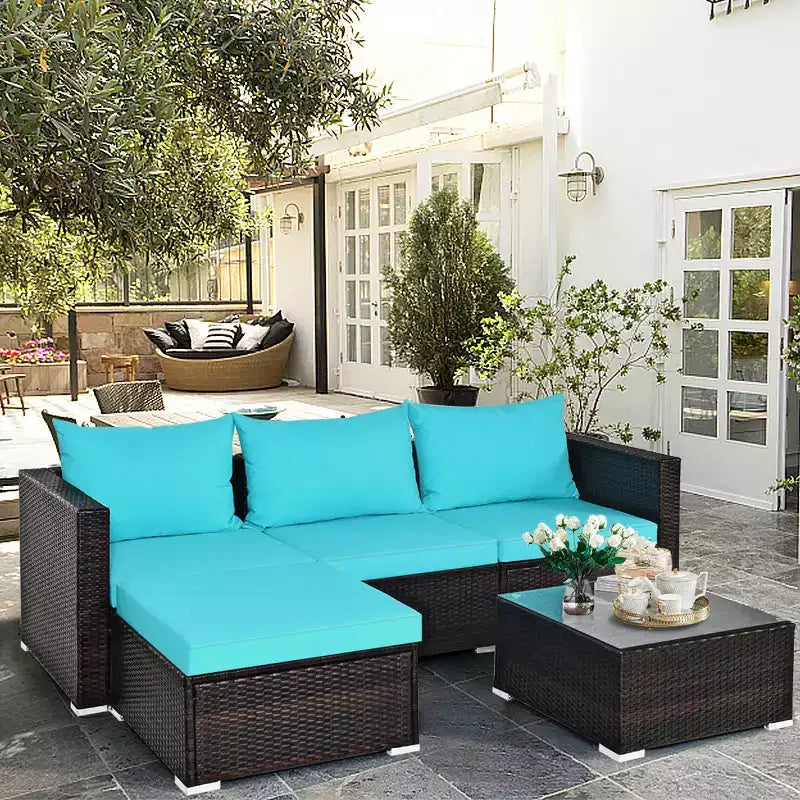 Ensemble de 5 meubles de patio en rotin, canapé sectionnel de conversation avec table basse rouge/bleu marine