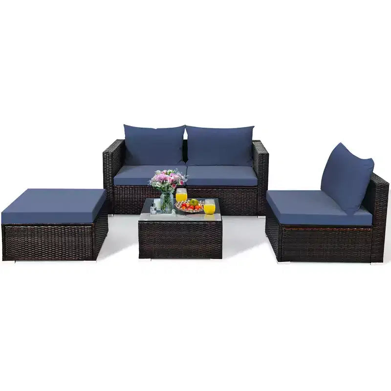 Ensemble de 5 meubles de patio en rotin, canapé sectionnel de conversation avec table basse rouge/bleu marine
