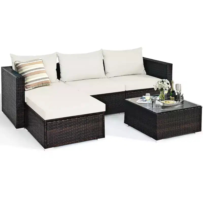 Ensemble de 5 meubles de patio en rotin, canapé sectionnel de conversation avec table basse rouge/bleu marine
