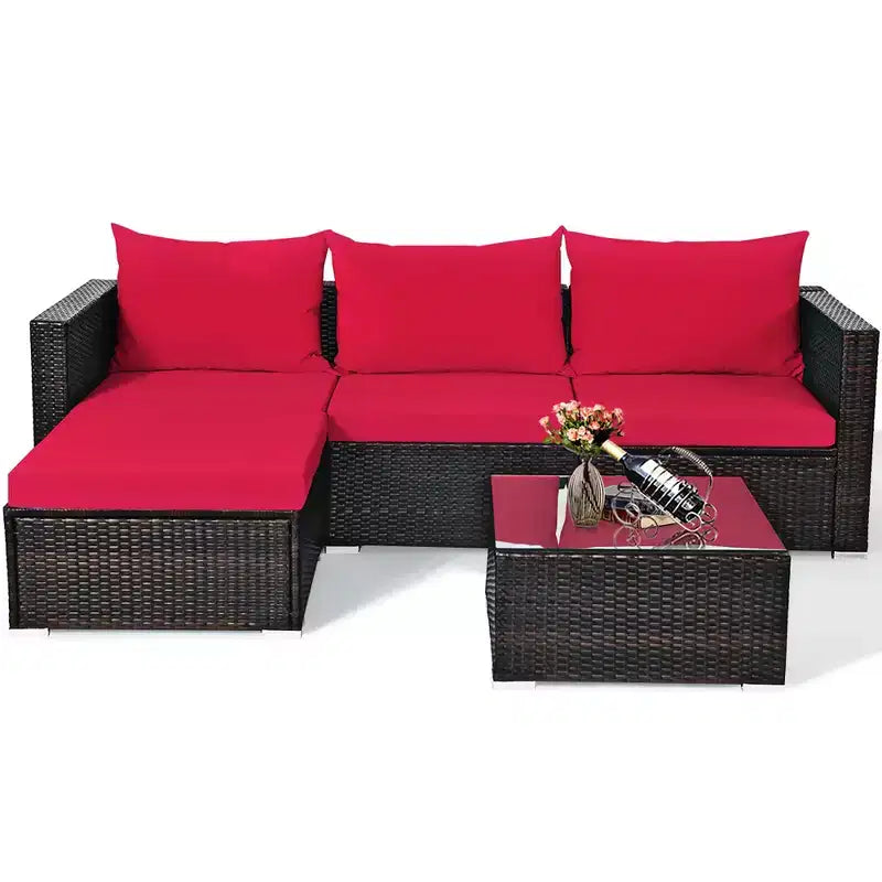 Ensemble de 5 meubles de patio en rotin, canapé sectionnel de conversation avec table basse rouge/bleu marine