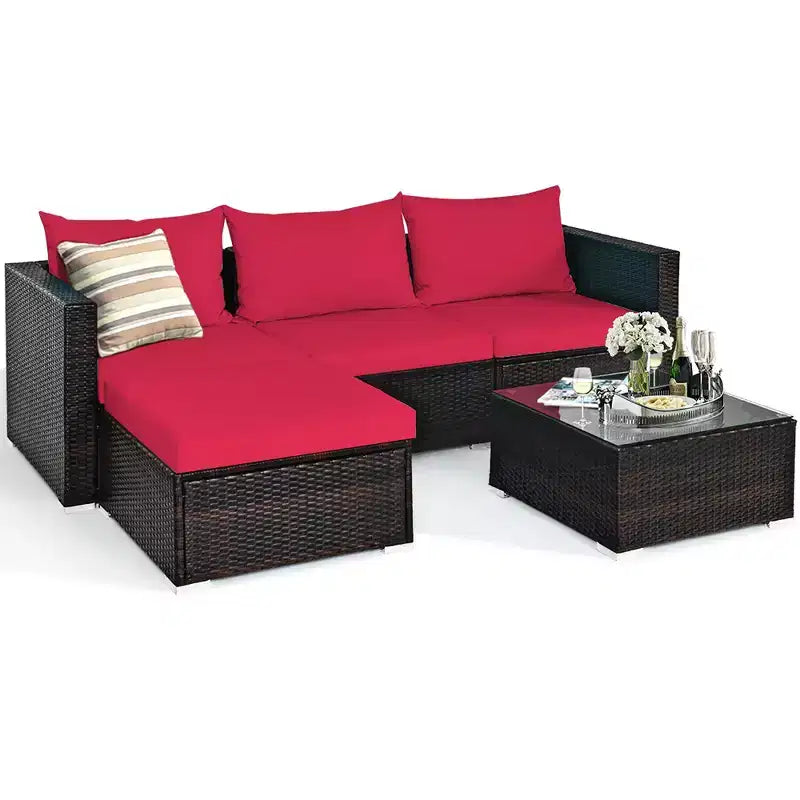 Ensemble de 5 meubles de patio en rotin, canapé sectionnel de conversation avec table basse rouge/bleu marine