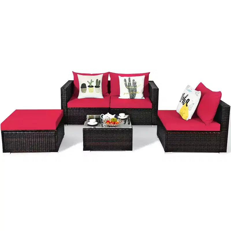 Ensemble de 5 meubles de patio en rotin, canapé sectionnel de conversation avec table basse rouge/bleu marine