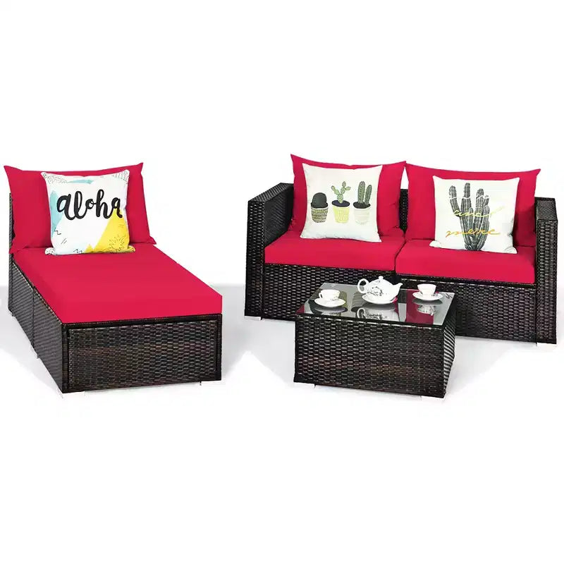 Ensemble de 5 meubles de patio en rotin, canapé sectionnel de conversation avec table basse rouge/bleu marine
