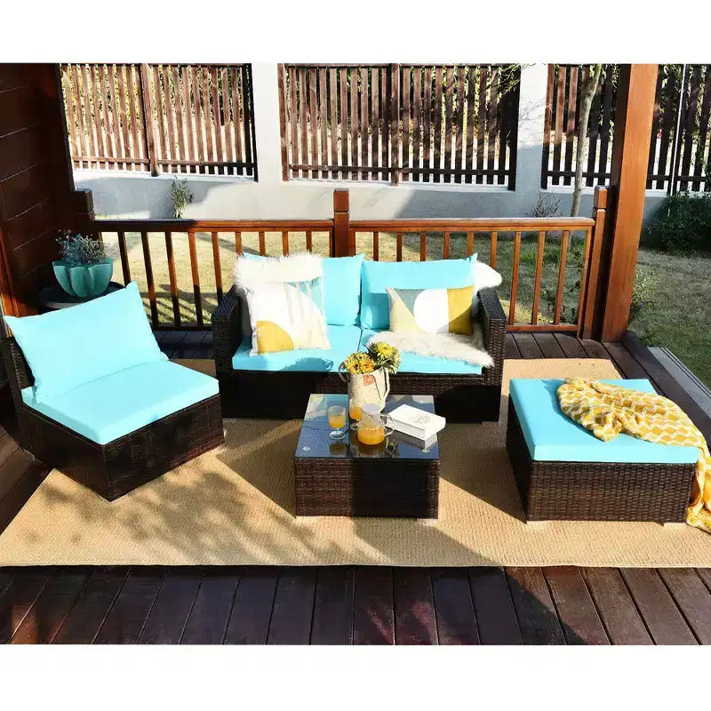 Ensemble de 5 meubles de patio en rotin, canapé sectionnel de conversation avec table basse rouge/bleu marine