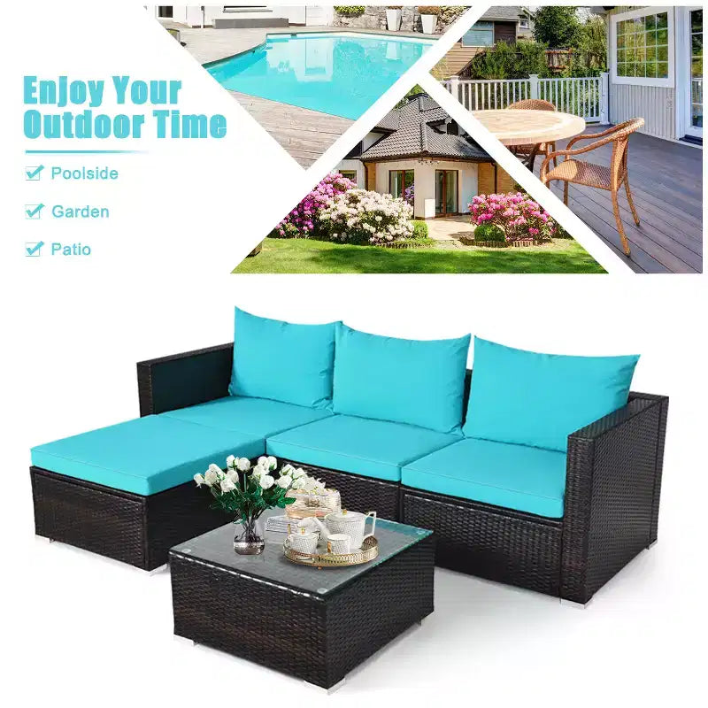 Ensemble de 5 meubles de patio en rotin, canapé sectionnel de conversation avec table basse rouge/bleu marine