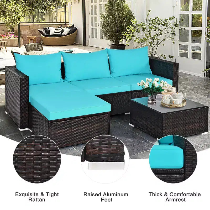 Ensemble de 5 meubles de patio en rotin, canapé sectionnel de conversation avec table basse rouge/bleu marine